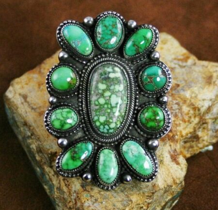 Sammie Kescoli Begay Rare Gem Grade Carico Lake Spiderweb Turquoise Cluster Ingot Ring