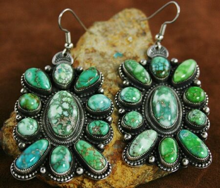 Sammie Kescoli Begay Rare Gem Grade Carico Lake Spiderweb Turquoise Cluster Ingot Dangle Earrings