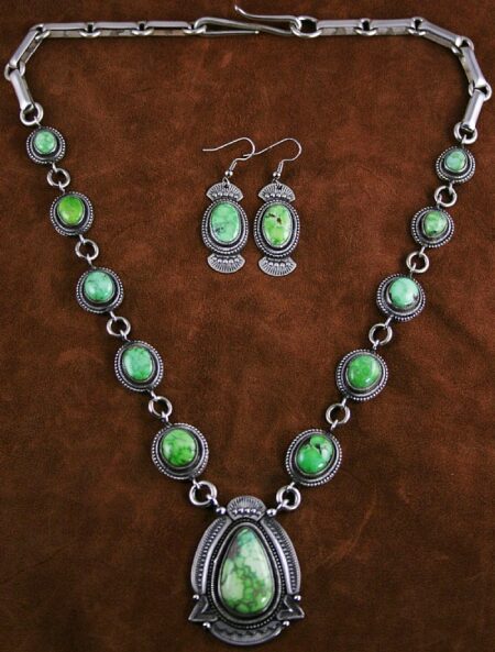 Sammie Kescoli Begay Rare Gem Grade Carico Lake Turquoise Ingot Necklace and Earrings Set