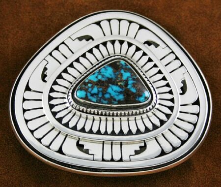 Leonard Nez Rare Gem Grade Indian Mountain Spiderweb Turquoise Overlay Belt Buckle