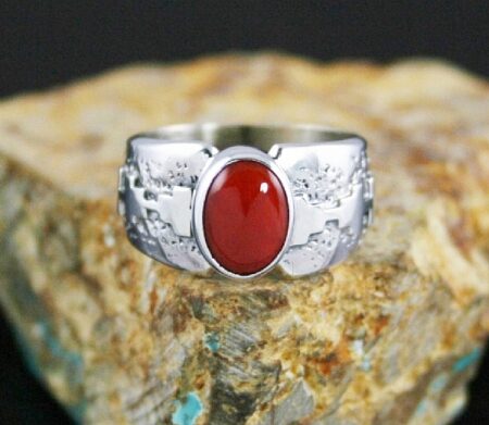Alfred Joe Rare Gem Grade Mediterranean Coral Navajo Rug Pattern Design Overlay Ring