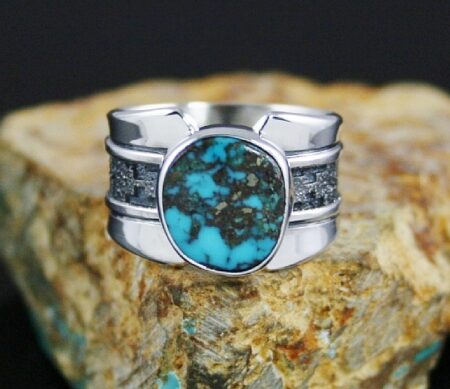 Alfred Joe Rare High Grade Morenci Turquoise Navajo Rug Pattern Design Overlay Ring