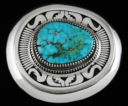 Leonard Nez Rare High Grade Morenci Turquoise Overlay Belt Buckle