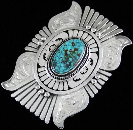 Leonard Nez Rare Gem Grade Apache Blue Spiderweb Turquoise Overlayed and Engraved Belt Buckle