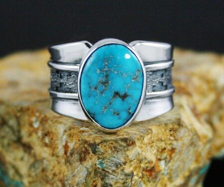 Alfred Joe Rare High Grade Morenci Spiderweb Turquoise Navajo Rug Pattern Design Overlay Ring