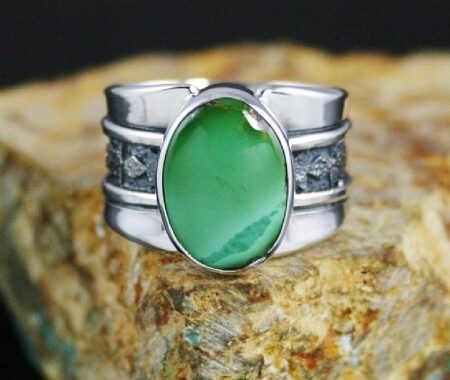 Alfred Joe High Grade Royston Turquoise Navajo Rug Pattern Design Overlay Ring