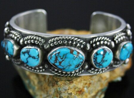 Herman Smith Rare Gem Grade Candelaria Spiderweb Turquoise Ingot Row Bracelet