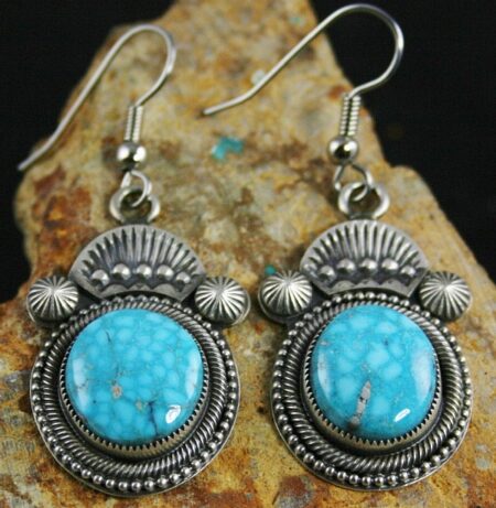 Sammie Kescoli Begay Rare High Grade Waterweb Kingman Turquoise Ingot Dangle Earrings