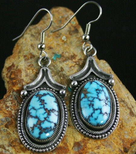 Sammie Kescoli Begay Rare High Grade Kingman Spiderweb Turquoise Ingot Dangle Earrings