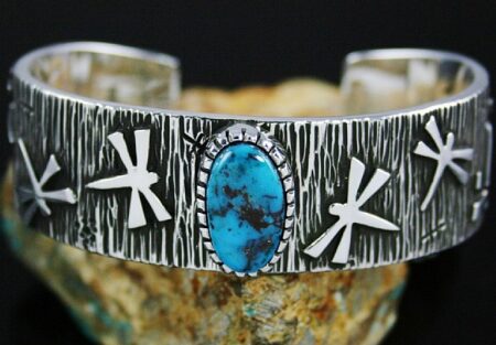 Kee Yazzie Rare Gem Grade Bisbee Turquoise Raised Dragonfly Design Double Sided Overlay Bracelet
