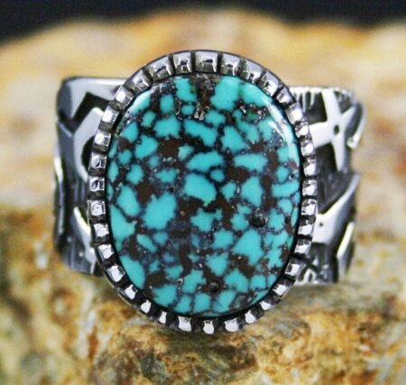 Kee Yazzie Rare Gem Grade Turquoise Mountain Spiderweb Turquoise Anasazi Design Overlay Ring