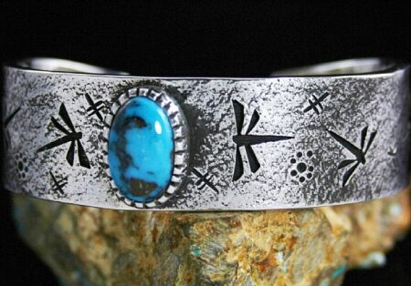 Kee Yazzie Rare Gem Grade Bisbee Turquoise Double Sided Dragonfly Design Overlay Bracelet