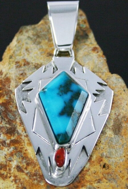 Leo Yazzie Rare Gem Grade Bisbee Turquoise and Mediterranean Coral Pendant