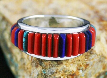 Tommy Jackson Gem Grade Mediterranean Coral, Lapis and Turquoise Inlay Ring