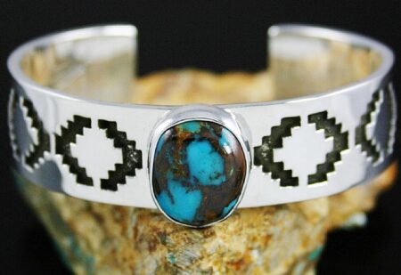 Tommy Jackson Rare High Grade Bisbee Turquoise Navajo Rug Pattern Design Overlay Bracelet