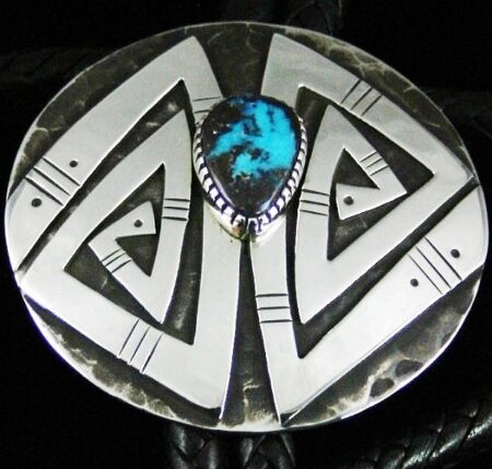 Kee Yazzie Rare Gem Grade Bisbee Turquoise Water Design Overlay Bolo Tie