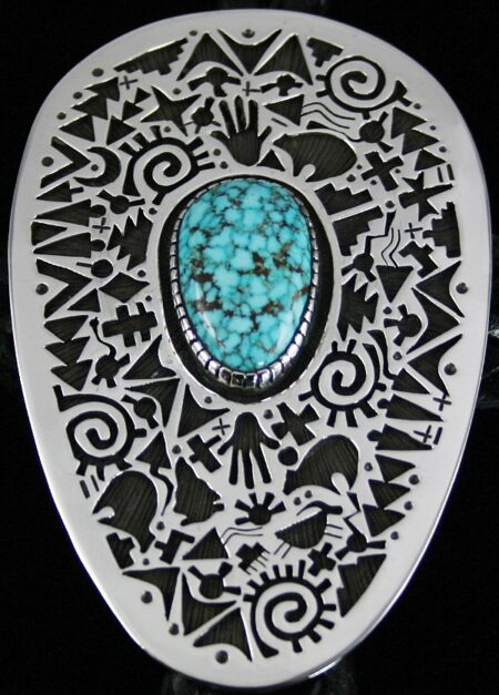 Kee Yazzie Rare High Grade Turquoise Mountain Spiderweb Petroglyph Design Overlay Bolo Tie