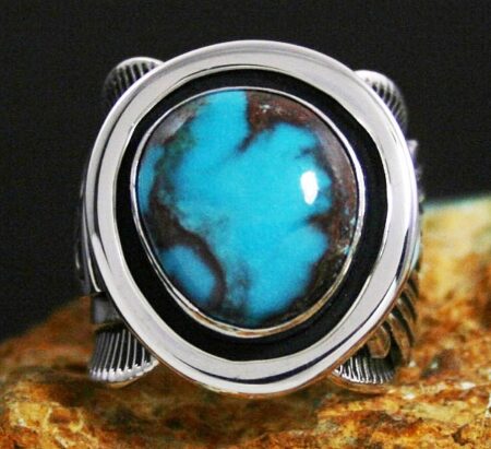 Steven J. Begay Rare Gem Grade Bisbee Turquoise Overlay Ring