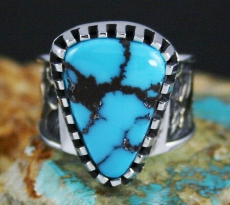 Arland Ben Rare Gem Grade Godber Burnham Turquoise Solid 14K Gold Over Sterling Silver Petroglyph Design Ring