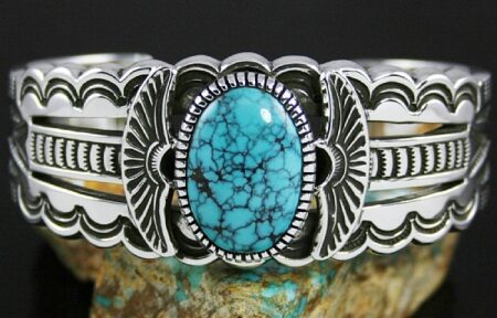 Jennifer Curtis Rare Gem Grade Apache Blue Spiderweb Turquoise Heavy Gauge Bracelet