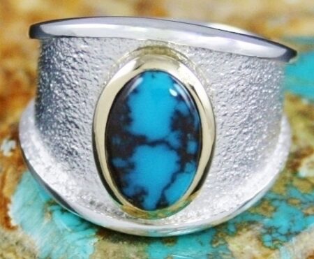 Darryl Dean Begay Rare Gem Grade Bisbee Turquoise Solid 18K Gold Over Tufa Cast Sterling Silver Ring