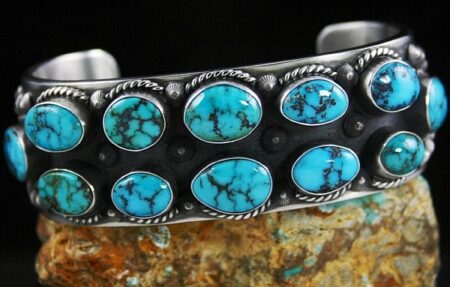 Herman Smith Rare Gem Grade Darling Darlene Spiderweb Turquoise Double Sided Ingot Row Bracelet