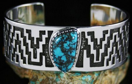 Tommy Jackson Rare Gem Grade Red Mountain Spiderweb Turquoise Navajo Rug Pattern Design Overlay Bracelet