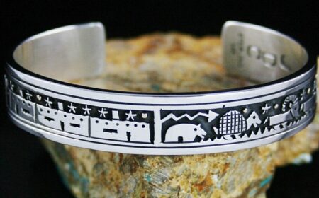 Joseph Coriz Solid 14K Gold Over Sterling Silver Pueblo Scene Animals Design Bracelet