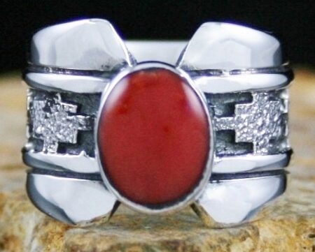 Alfred Joe Rare Gem Grade Mediterranean Coral Navajo Rug Pattern Design Ring