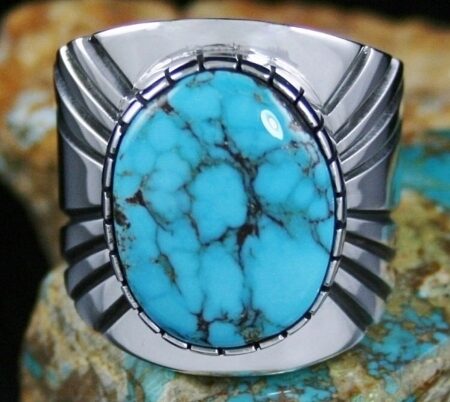 Leonard Nez Rare High Grade Apache Blue Spiderweb Turquoise Ring