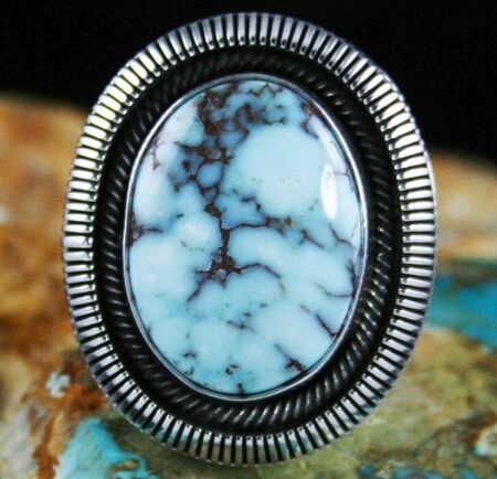 Ned Nez Rare Gem Grade Dry Creek Spiderweb Turquoise Shadowbox Design Ring