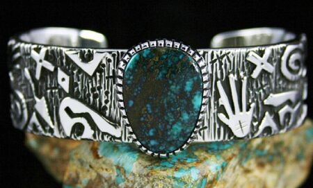 Kee Yazzie Rare Gem Grade Apache Blue Spiderweb Turquoise Double Sided Anasazi Petroglyph Design Overlay Bracelet