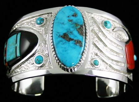 Michael Perry Rare Gem Grade Morenci Turquoise and Mediterranean Oxblood Coral Longhair Kachina Bracelet