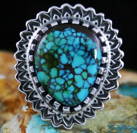 Arland Ben Rare Gem Grade Blue Star Spiderweb Turquoise Solid 14K Gold Over Sterling Silver Petroglyph Design Ring