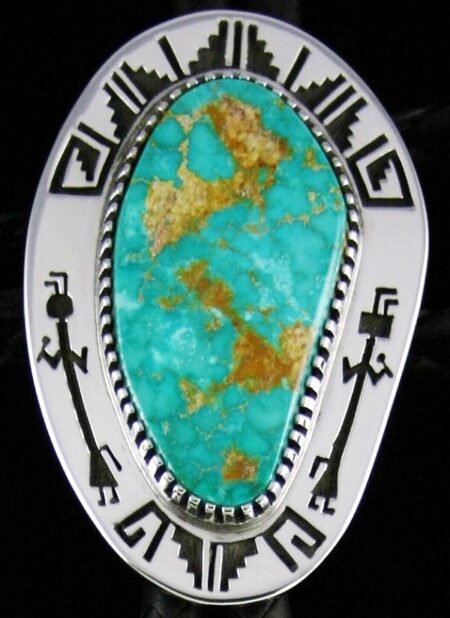 Arland Ben Rare Gem Grade Royston Turquoise Solid 14K Gold Over Sterling Silver Petroglyph Design Bolo Tie