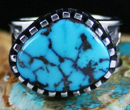 Arland Ben Rare Gem Grade Godber Burnham Turquoise Solid 14K Gold Over Sterling Silver Petroglyph Design Ring