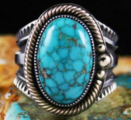 Sammie Kescoli Begay Rare Gem Grade Brannon Spiderweb Turquoise Solid 14K Gold Over Ingot Sterling Silver Ring