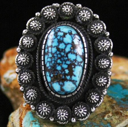Calvin Martinez Rare Gem Grade Kingman Spiderweb Turquoise Flower Design Ingot Ring