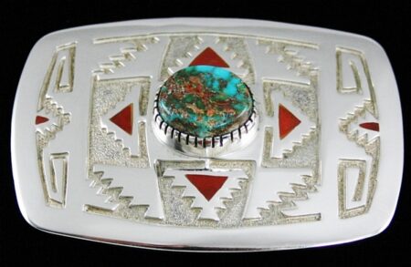 Michael Perry Rare Gem Grade Pilot Mountain Spiderweb Turquoise and Coral Navajo Rug Pattern Design Belt Buckle