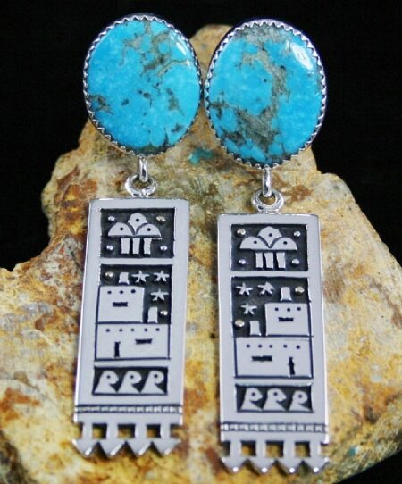 Joseph Coriz Cerrillos Turquoise Solid 14K Gold Over Sterling Silver Pueblo Prosperity Design Dangle Earrings