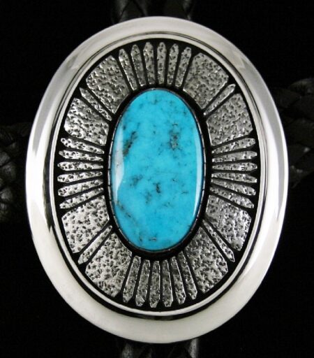 Alfred Joe Rare Gem Grade Morenci Turquoise Shadowbox Design Bolo Tie