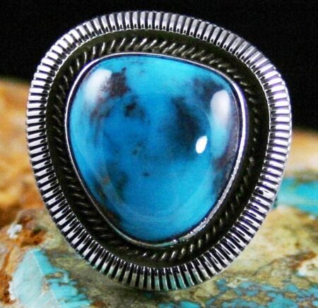 Ned Nez Rare Gem Grade Smoky Bisbee Turquoise Shadowbox Design Ring