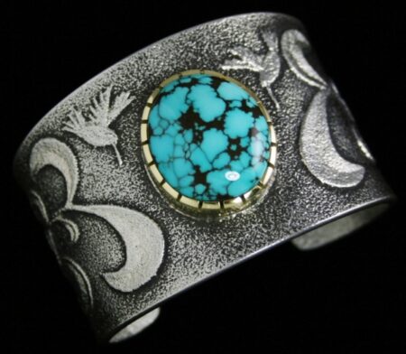 Darryl Dean Begay Rare Gem Grade Godber Burnham Spiderweb Turquoise Solid 18K Gold Over Tufa Cast Sterling Silver Bracelet
