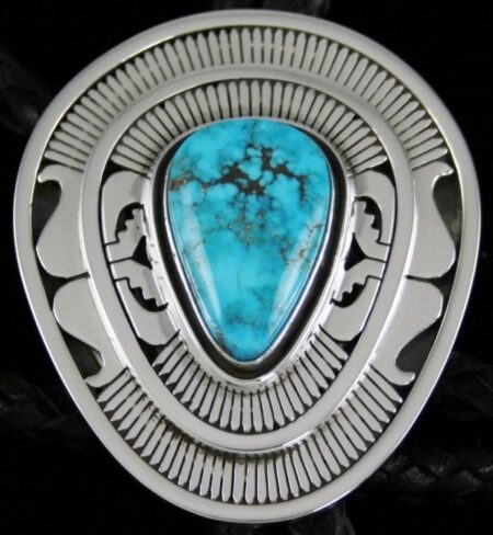 Leonard Nez Rare Gem Grade Morenci Turquoise Overlay Bolo Tie
