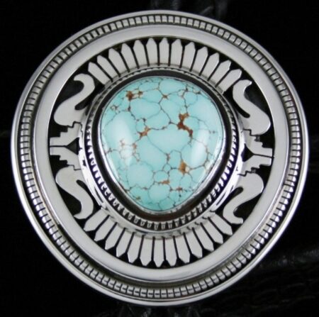 Leonard Nez Rare High Grade Number Eight Spiderweb Turquoise Overlay Bolo Tie