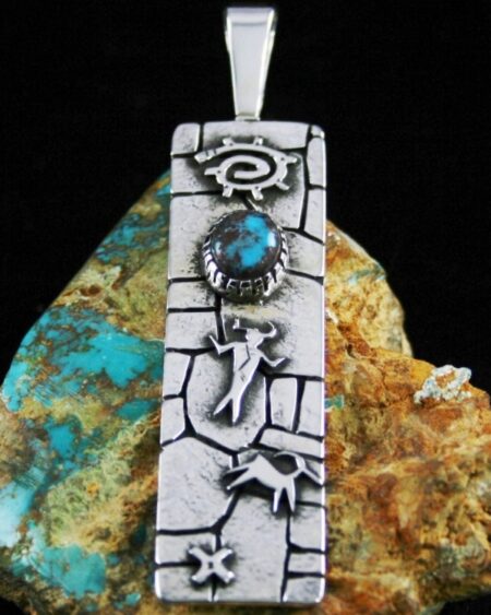 Kee Yazzie Rare High Grade Bisbee Turquoise Chaco Canyon Design Overlay Pendant