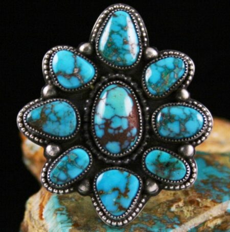 Sammie Kescoli Begay Rare Gem Grade Candelaria Spiderweb Turquoise Cluster Ingot Ring