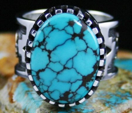 Arland Ben Rare Gem Grade Godber Burnham Spiderweb Turquoise Solid 14K Gold Over Sterling Silver Petroglyph Design Ring