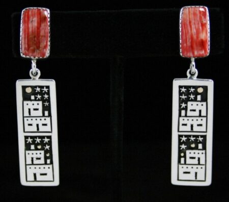 Joseph Coriz Spiny Oyster Pueblo Design Overlay Dangle Earrings