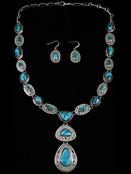 Leonard Nez Rare Gem Grade Candelaria Spiderweb Turquoise Overlay Necklace and Dangle Earrings